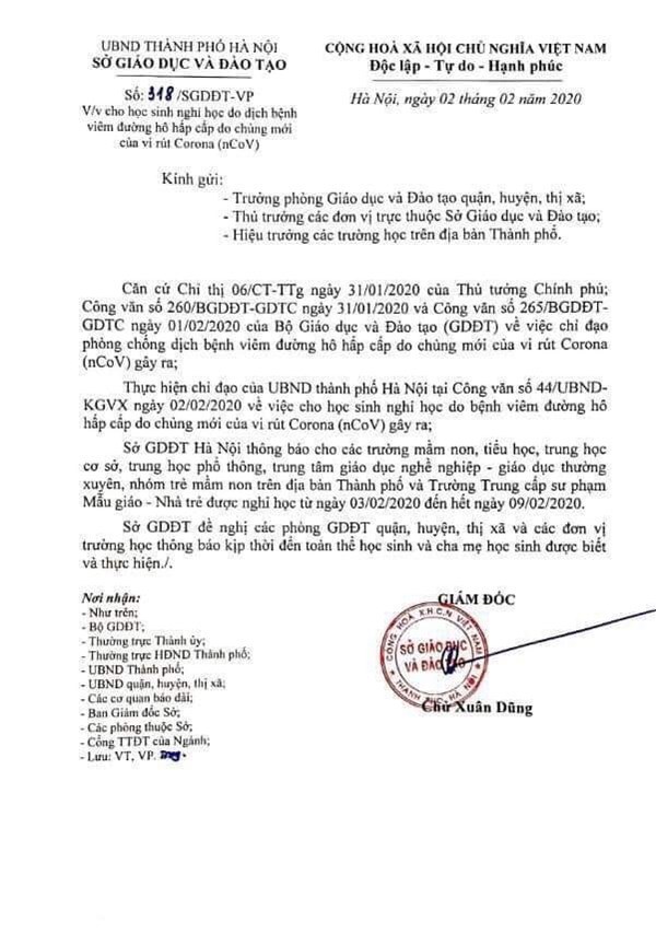 Thông báo của trường mầm non Long Biên cho học sinh nghỉ học từ ngày 03/02/2020 đến hết ngày 09/02/2020 theo công văn số 318/SGDĐT-VP ngày 02/02/2020 của Sở GD&ĐT Hà Nội
