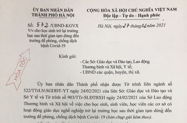 Công văn của sở GD&ĐT Hà Nội và phòng GD&ĐT quận Long Biên về việc tiếp tục cho học sinh trở lại trường học