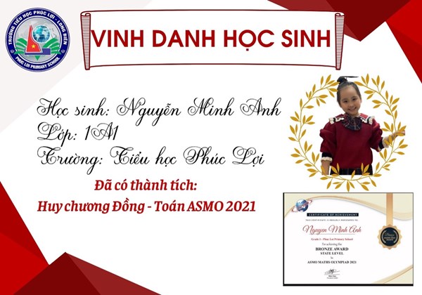 Chúc mừng em Nguyễn Minh Anh - Lớp 1A1 đã đạt Huy chương Đồng trong cuộc thi Toán ASMO - 2021