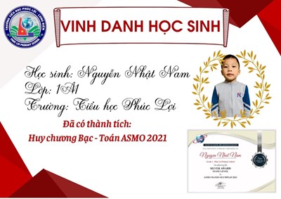 Chúc mừng em Nguyễn Nhật Nam - Lớp 1A1 đã đạt Huy chương Bạc trong cuộc thi Toán ASMO - 2021