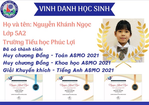 Chúc mừng em Nguyễn Khánh Ngọc - Lớp 5A2 đã có thành tích trong các cuộc thi