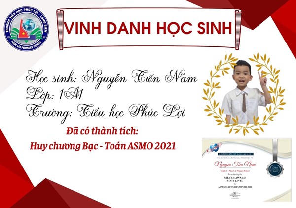 Chúc mừng em Nguyễn Tiến Nam - Lớp 1A1 đã đạt Huy chương Bạc trong cuộc thi Toán ASMO - 2021