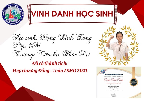 Chúc mừng em Đặng Đình Tùng - Lớp 1A1 đã đạt Huy chương Đồng trong cuộc thi Toán ASMO - 2021