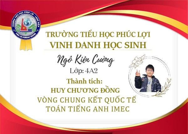 Chúc mừng em Ngô Kiên Cường đã đạt thành tích Huy chương Đồng trong Vòng Chung kết Quốc tế Toán Tiếng Anh IMEC