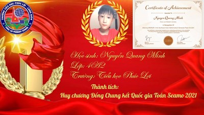 Chúc mừng em Nguyễn Quang Minh - Lớp 4A2 đã xuất sắc đạt huy chương Đồng Chung kết Quốc gia Toán Seamo 2021