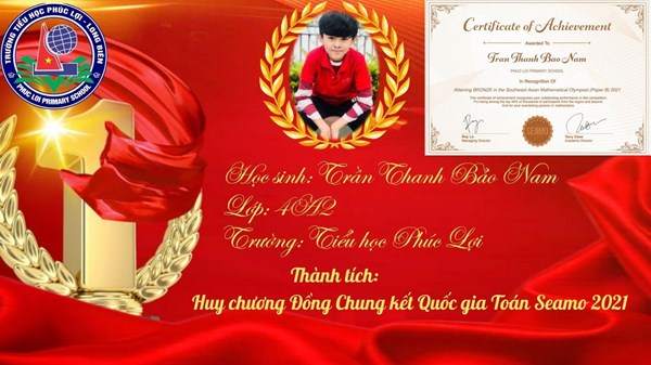 Chúc mừng em Trần Thanh Bảo Nam - Lớp 4A2 đã xuất sắc đạt huy chương Đồng Chung kết Quốc gia Toán Seamo 2021