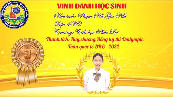 Chúc mừng em Phạm Hà Gia Nhi đã đạt thành tích trong cuộc thi Olimpic Toán Quốc tế BBB 2022