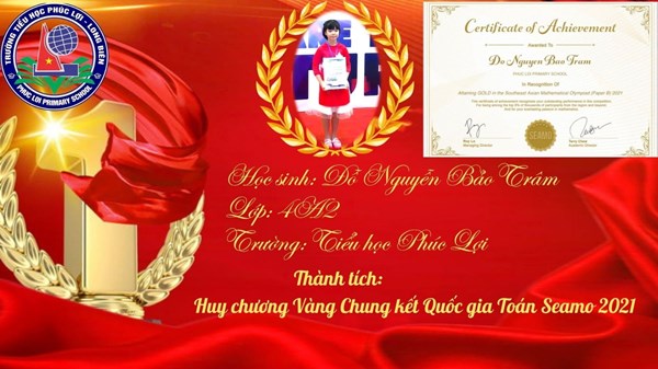 Chúc mừng em Đỗ Nguyễn Bảo Trâm - Lớp 4A2 đã xuất sắc đạt huy chương Vàng Chung kết Quốc gia Toán Seamo 2021