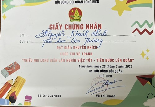Vinh danh học sinh Nguyễn Khánh Linh đạt giải khuyến khích cuộc thi vẽ tranh  Thiếu nhi Long Biên làm nghìn việc tốt - Tiến bước lên đoàn  năm 2023