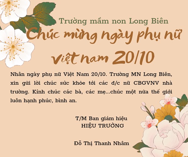 BGH trường mầm non Long Biên gửi thiệp chúc mừng ngày phụ nữ Việt Nam 20/10