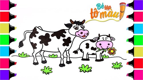 Bé tập tô màu: Hai mẹ con bò sữa