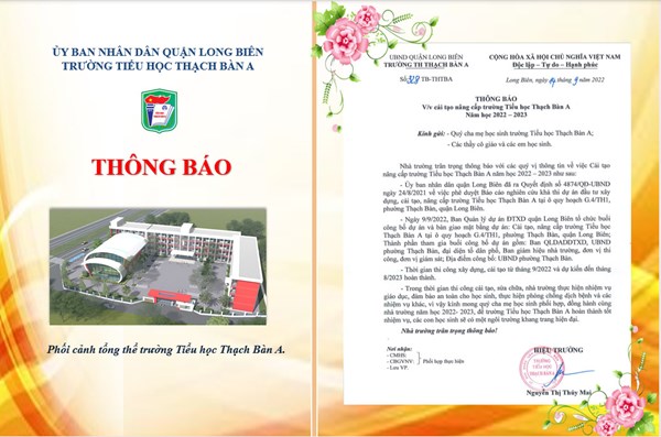 Thông báo vv cải tạo, nâng cấp trường tiểu học Thạch Bàn A năm học 2022-2023